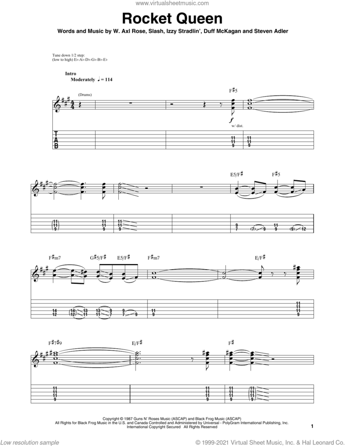 Rocket Queen sheet music for guitar (tablature, play-along) by Guns N' Roses, Axl Rose, Duff McKagan, Slash and Steven Adler, intermediate skill level