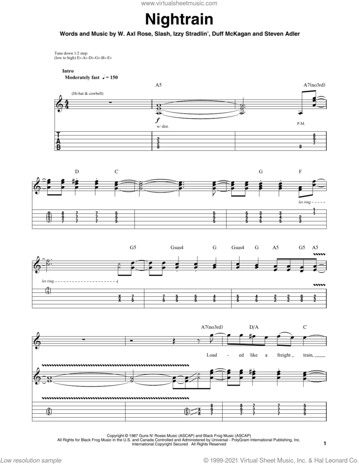 Nightrain sheet music for guitar (tablature, play-along) by Guns N' Roses, Axl Rose, Duff McKagan, Slash and Steven Adler, intermediate skill level