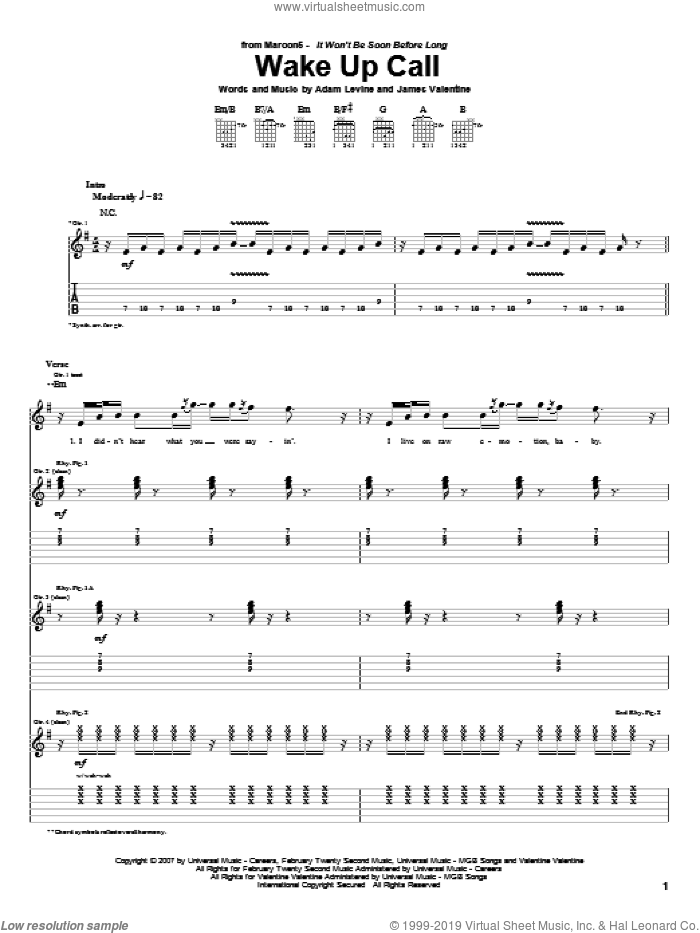 Wake Up Call sheet music for guitar (tablature) by Maroon 5, Adam Levine and James Valentine, intermediate skill level
