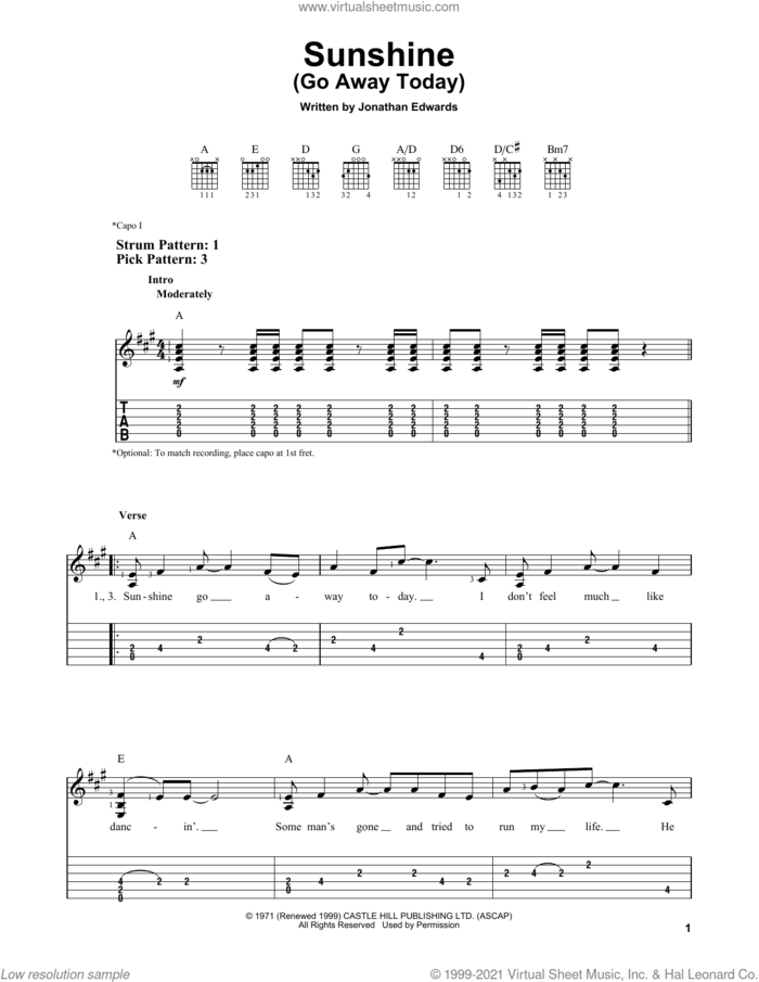 Sunshine (Go Away Today) sheet music for guitar solo (easy tablature) by Jonathan Edwards, easy guitar (easy tablature)