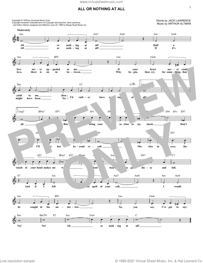 All Or Nothing At All sheet music for voice and other instruments (fake book) by Frank Sinatra, Arthur Altman and Jack Lawrence, intermediate skill level