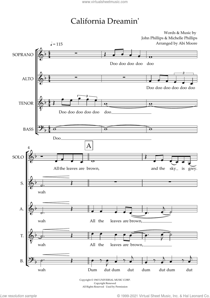 California Dreamin' (arr. Abi Moore) sheet music for choir (SSATB) by The Mamas & The Papas, Abi Moore, John Phillips and Michelle Phillips, intermediate skill level