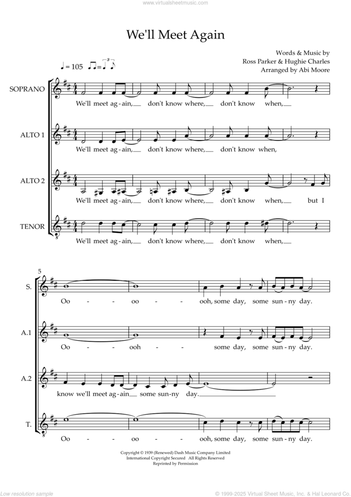 We'll Meet Again (arr. Abi Moore) sheet music for choir (SAATB) by Vera Lynn, Abi Moore, Hughie Charles and Ross Parker, intermediate skill level