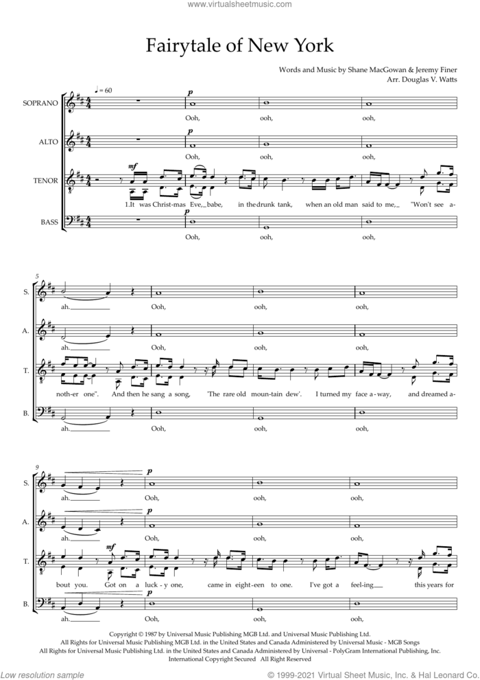 The Fairytale Of New York (arr. Doug Watts) sheet music for choir (SATTB) by The Pogues, Doug Watts, Jem Finer, Jeremy Finer and Shane MacGowan, intermediate skill level