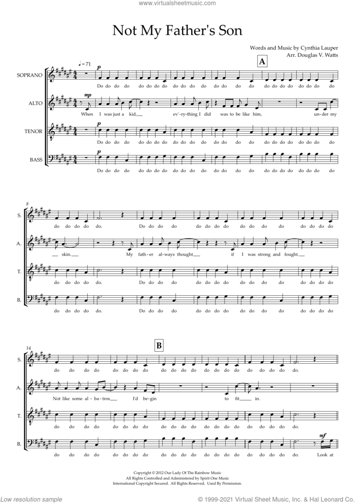Not My Father's Son (from Kinky Boots) (arr. Doug Watts) sheet music for choir (SSAATB) by Cyndi Lauper and Doug Watts, intermediate skill level
