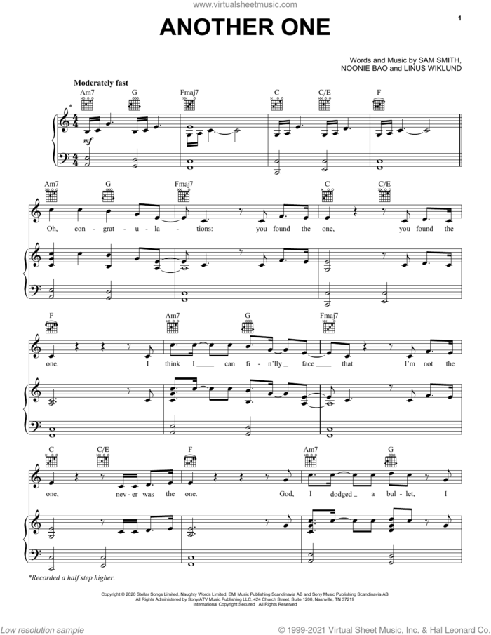 Another One sheet music for voice, piano or guitar by Sam Smith, Linus Wiklund and Noonie Bao, intermediate skill level