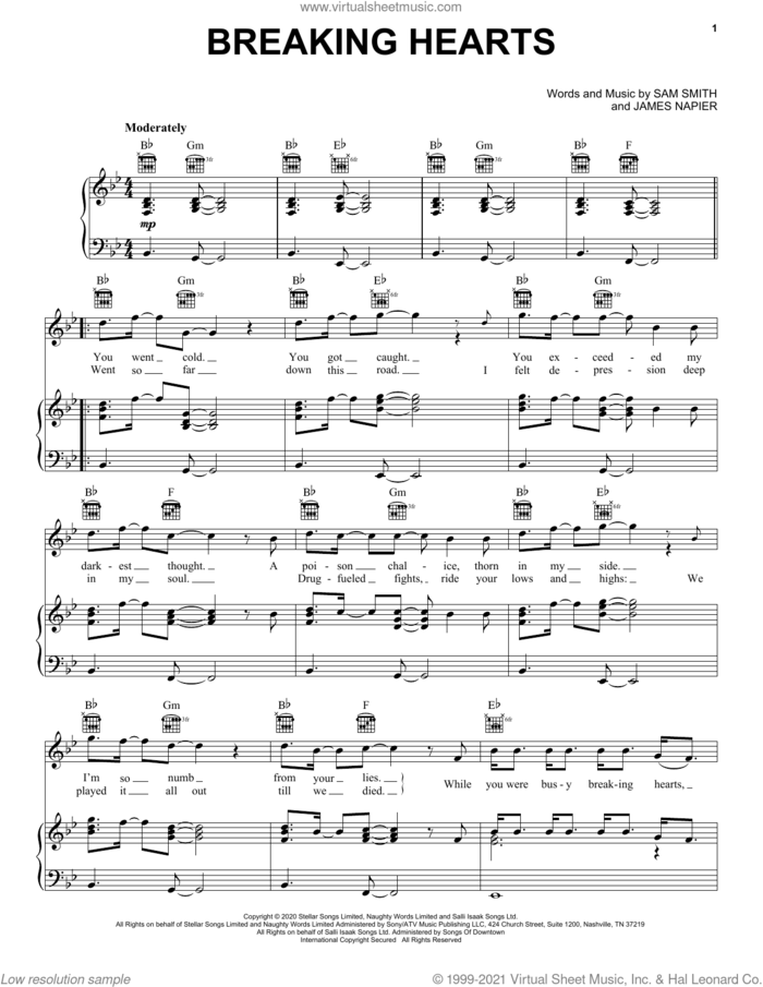 Breaking Hearts sheet music for voice, piano or guitar by Sam Smith and James Napier, intermediate skill level