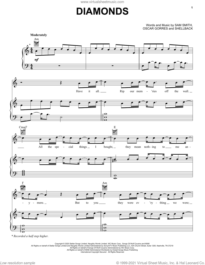 Diamonds sheet music for voice, piano or guitar by Sam Smith, Oscar Gorres and Shellback, intermediate skill level