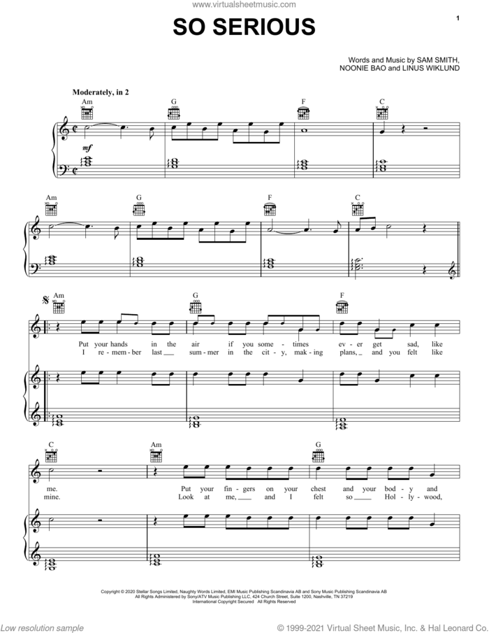 So Serious sheet music for voice, piano or guitar by Sam Smith, Linus Wiklund and Noonie Bao, intermediate skill level