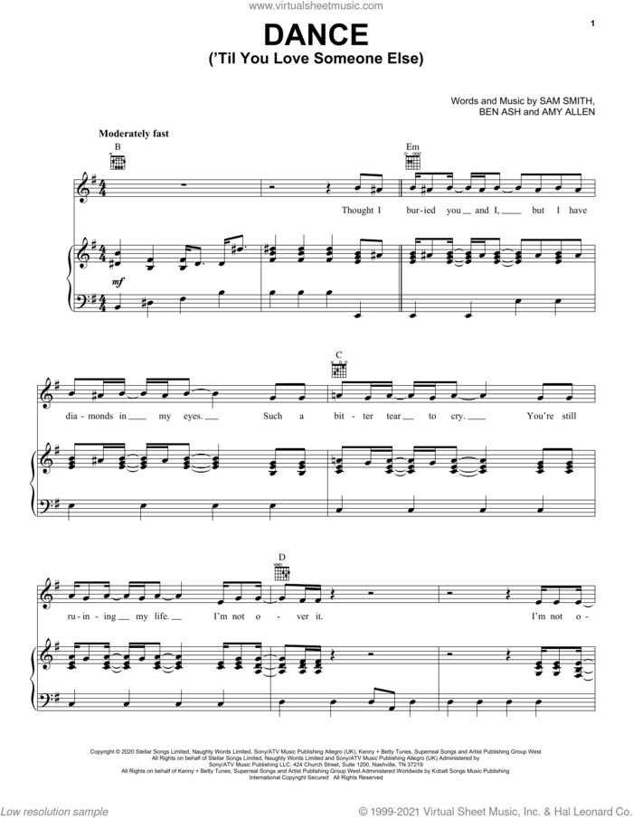 Dance ('Til You Love Someone Else) sheet music for voice, piano or guitar by Sam Smith, Amy Allen and Ben Ash, intermediate skill level