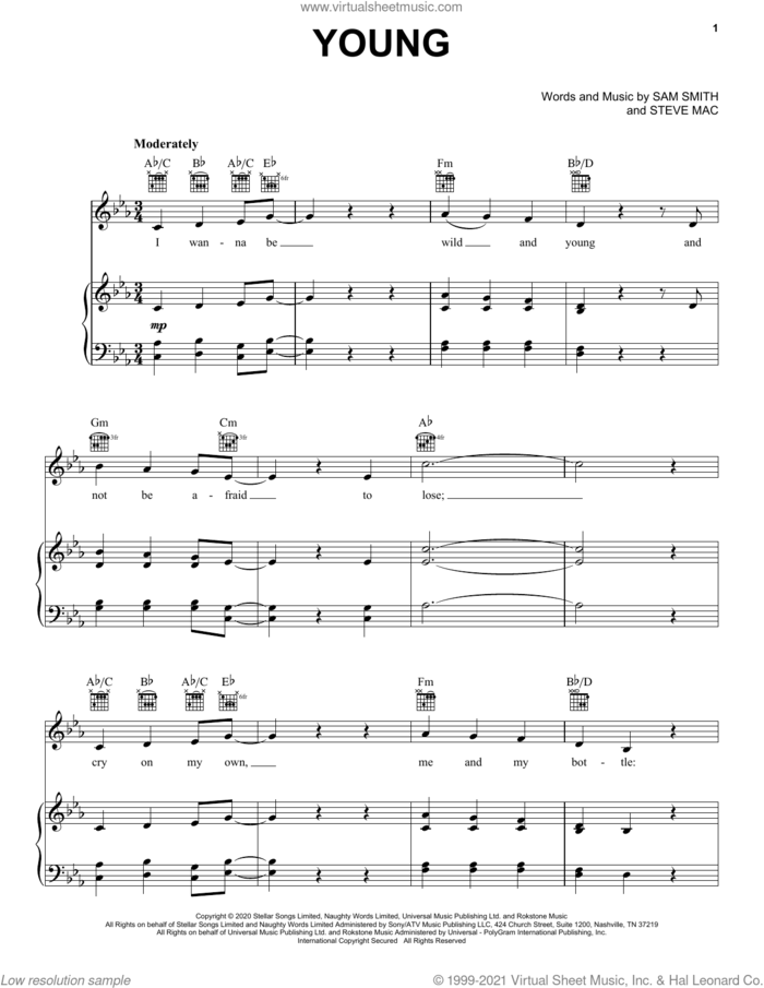Young sheet music for voice, piano or guitar by Sam Smith and Steve Mac, intermediate skill level