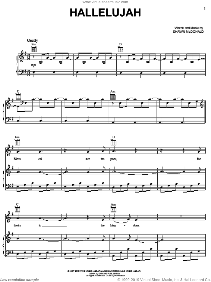 Hallelujah sheet music for voice, piano or guitar by Shawn McDonald, intermediate skill level