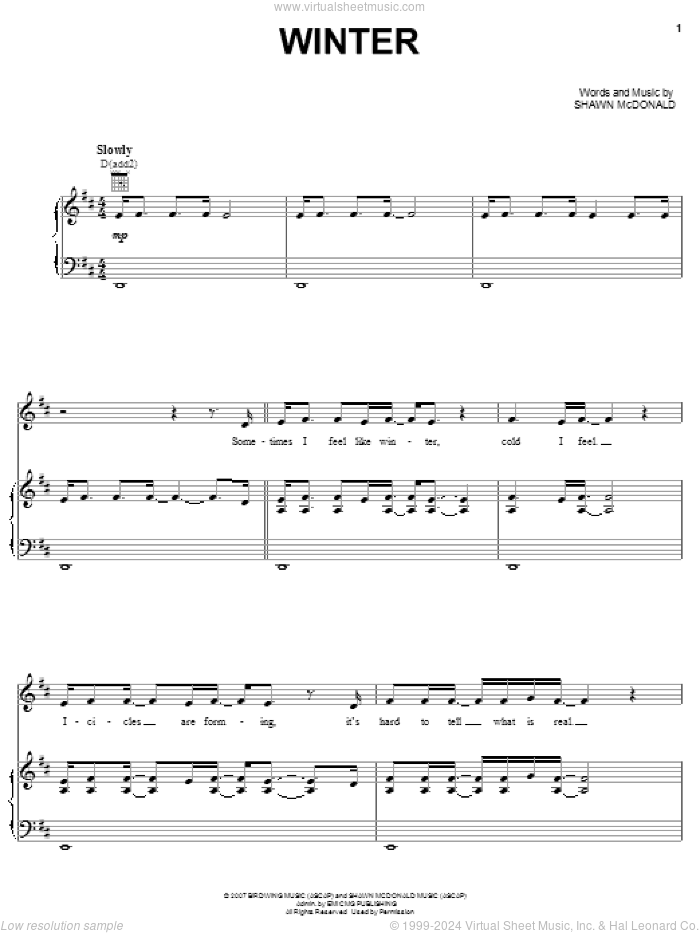 Winter sheet music for voice, piano or guitar by Shawn McDonald, intermediate skill level