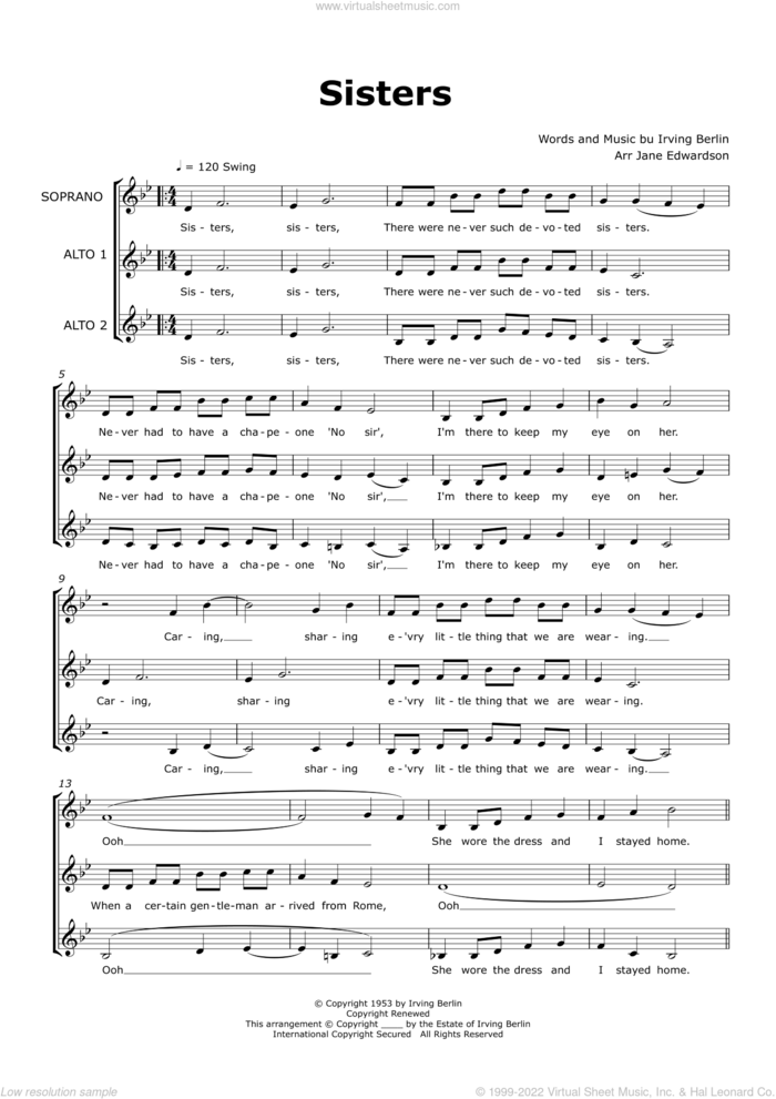 Sisters (arr. Jane Edwardson) sheet music for choir (SAA) by Rosemary Clooney, Jane Edwardson and Irving Berlin, intermediate skill level