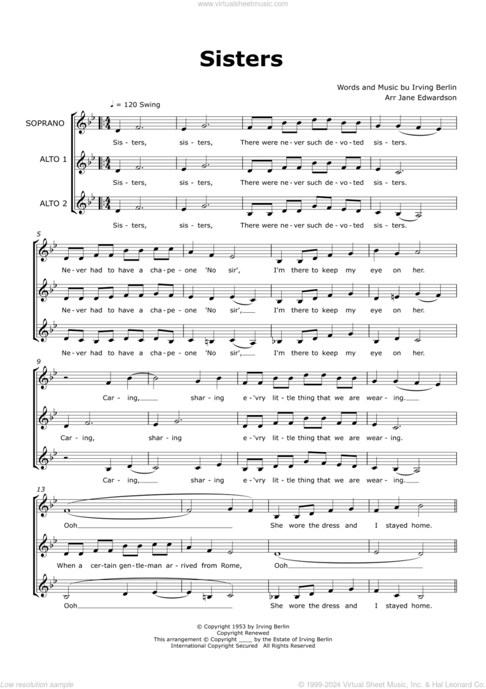 Sisters (arr. Jane Edwardson) sheet music for choir (SAA) by Rosemary Clooney, Jane Edwardson and Irving Berlin, intermediate skill level