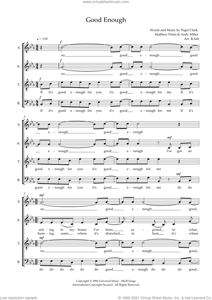 Good Enough (arr. Richard Salt) sheet music for choir (SATB: soprano, alto, tenor, bass) by Dodgy, Richard Salt, Andy Miller, Mathew Priest and Nigel Clark, intermediate skill level