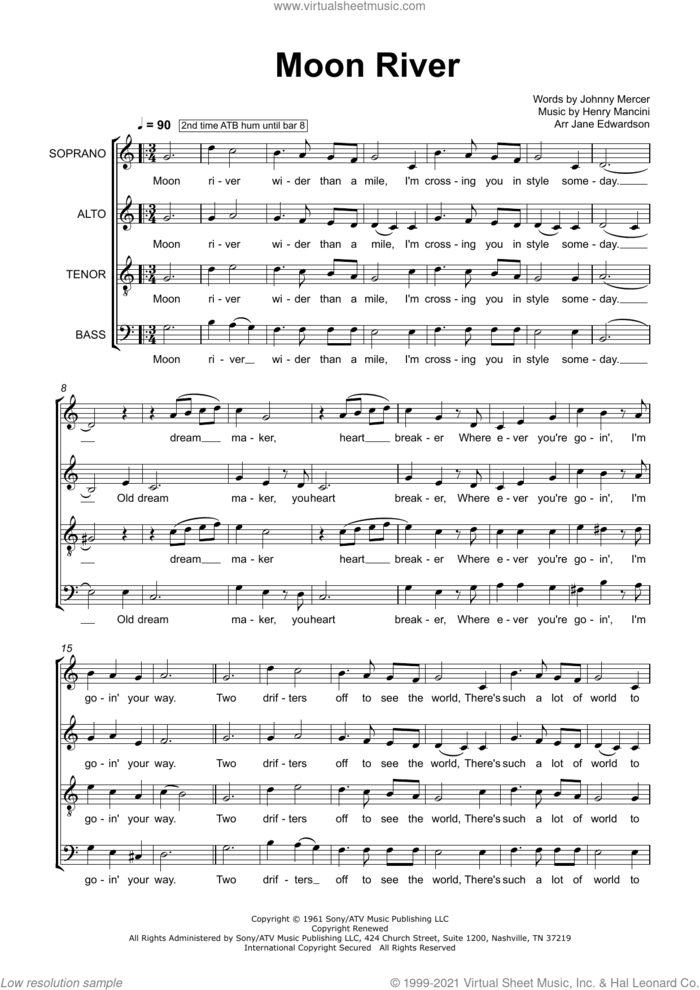 Moon River (arr. Jane Edwardson) sheet music for choir (SATB: soprano, alto, tenor, bass) by Henry Mancini, Jane Edwardson and Johnny Mercer, intermediate skill level