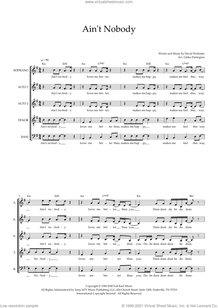Ain't Nobody (arr. Gitika Partington) sheet music for choir (SAATB) by Chaka Khan, Gitika Partington and David Wolinski, intermediate skill level