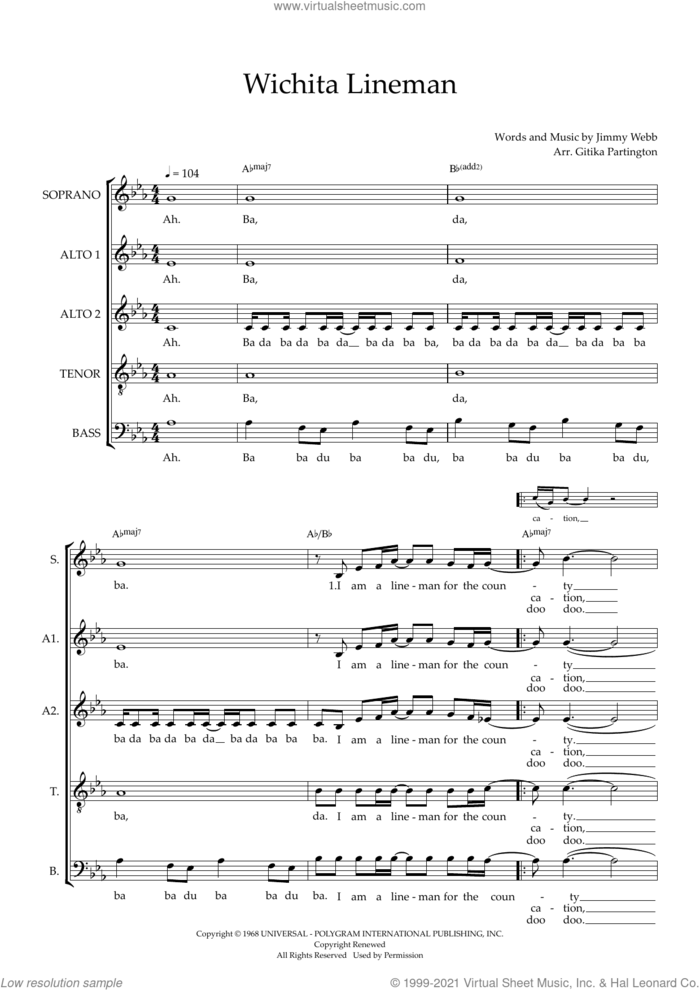 Wichita Lineman (arr. Gitika Partington) sheet music for choir (SAATB) by Glen Campbell, Gitika Partington and Jimmy Webb, intermediate skill level