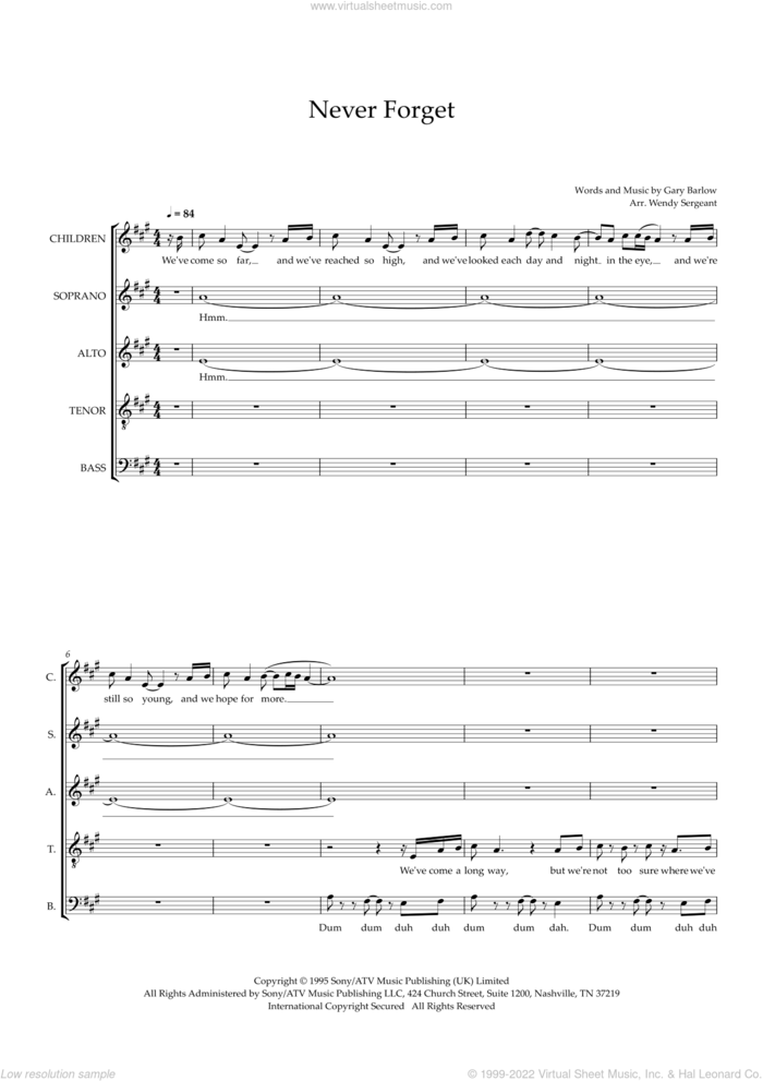 Never Forget (arr. Wendy Sergeant) sheet music for choir (SSATB) by Take That, Wendy Sergeant and Gary Barlow, intermediate skill level