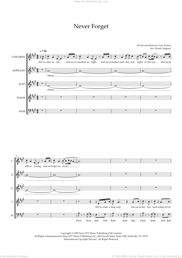 Never Forget (arr. Wendy Sergeant) sheet music for choir (SSATB) by Take That, Wendy Sergeant and Gary Barlow, intermediate skill level