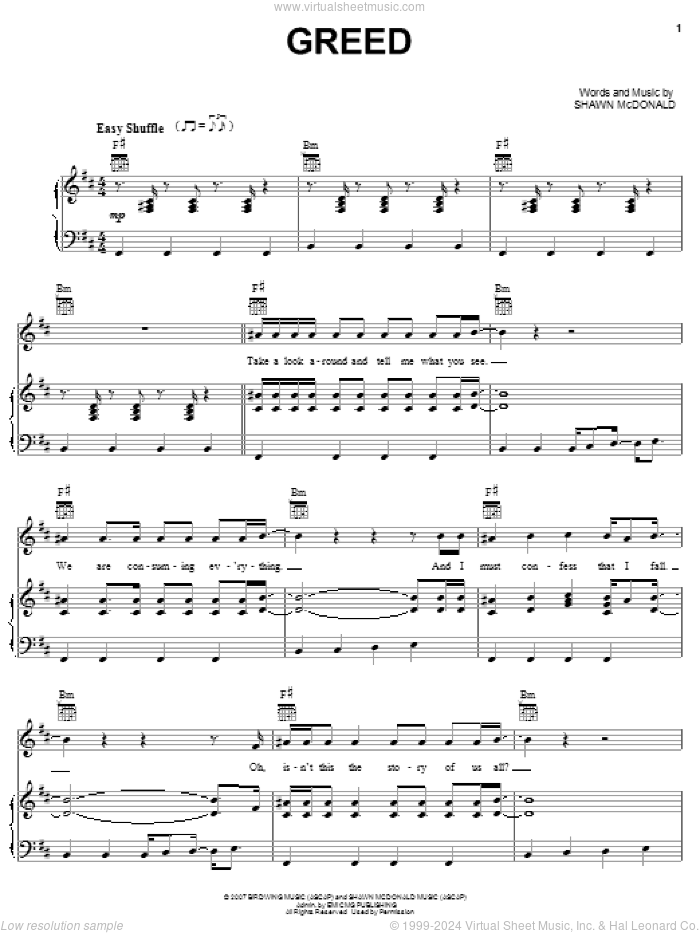 Greed sheet music for voice, piano or guitar by Shawn McDonald, intermediate skill level