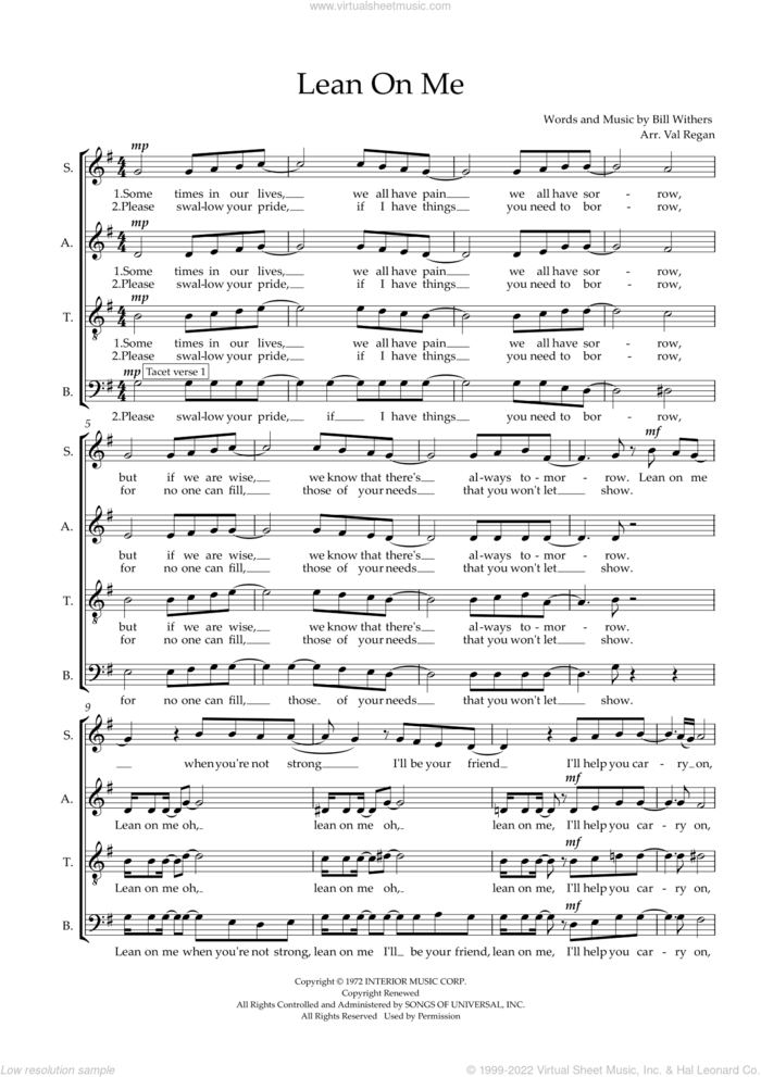 Lean on Me (arr. Val Regan) sheet music for choir (SATB: soprano, alto, tenor, bass) by Bill Withers and Val Regan, intermediate skill level