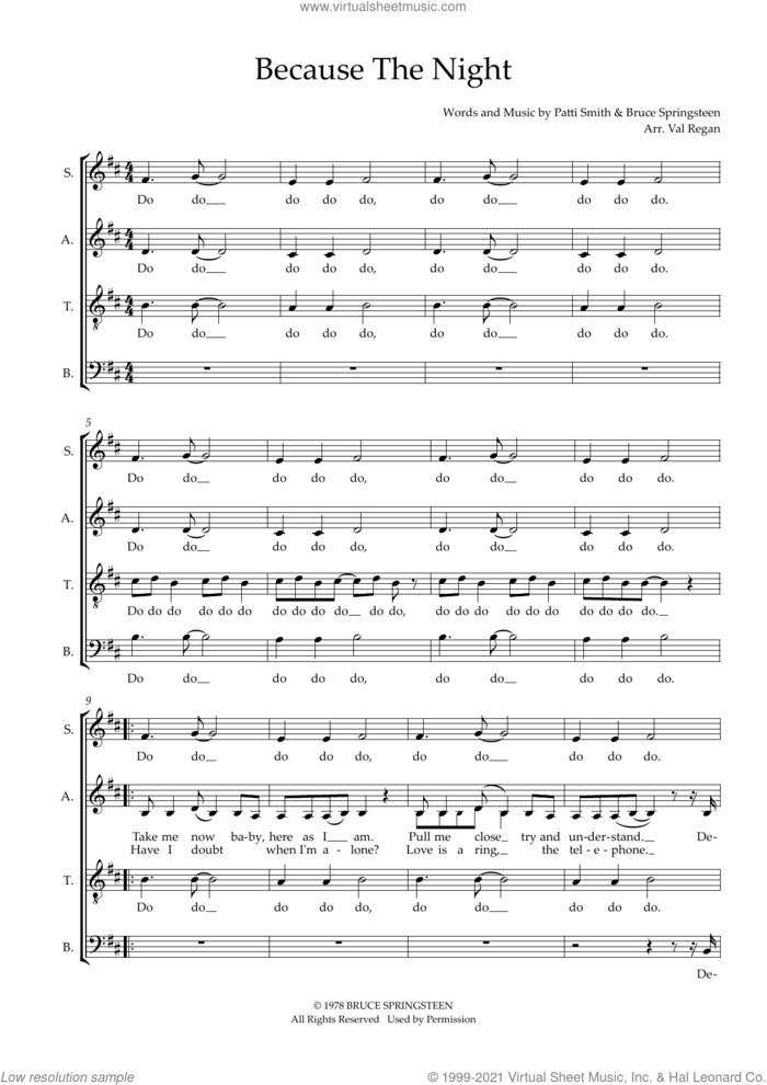 Because The Night (arr. Val Regan) sheet music for choir (SATB: soprano, alto, tenor, bass) by Patti Smith, Val Regan and Bruce Springsteen, intermediate skill level