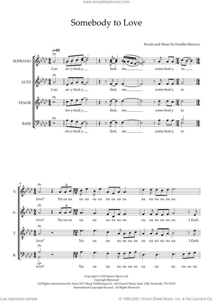 Somebody to Love (arr. Wendy Sergeant) sheet music for choir (SSATBB) by Queen, Wendy Sergeant and Freddie Mercury, intermediate skill level