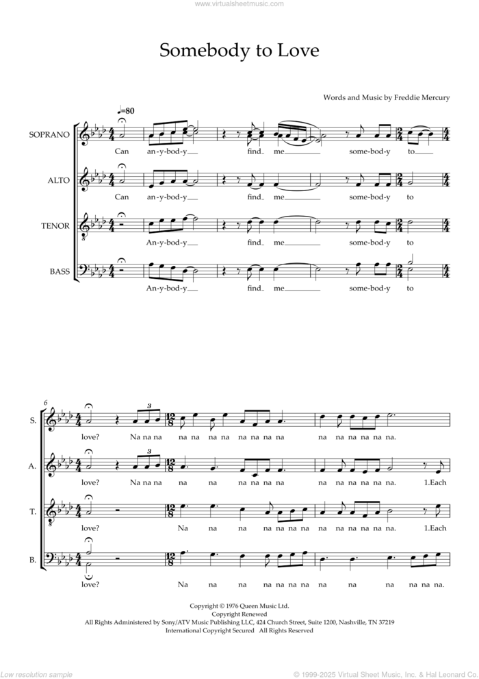 Somebody to Love (arr. Wendy Sergeant) sheet music for choir (SSATBB) by Queen, Wendy Sergeant and Freddie Mercury, intermediate skill level