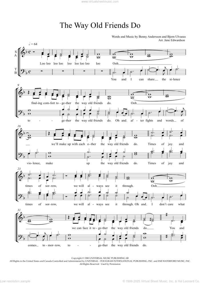 The Way Old Friends Do (arr. Jane Edwardson) sheet music for choir (SATB: soprano, alto, tenor, bass) by ABBA, Jane Edwardson, Benny Andersson and Bjorn Ulvaeus, intermediate skill level