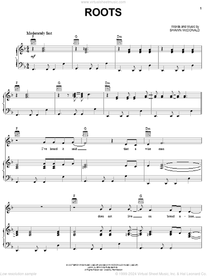 Roots sheet music for voice, piano or guitar by Shawn McDonald, intermediate skill level