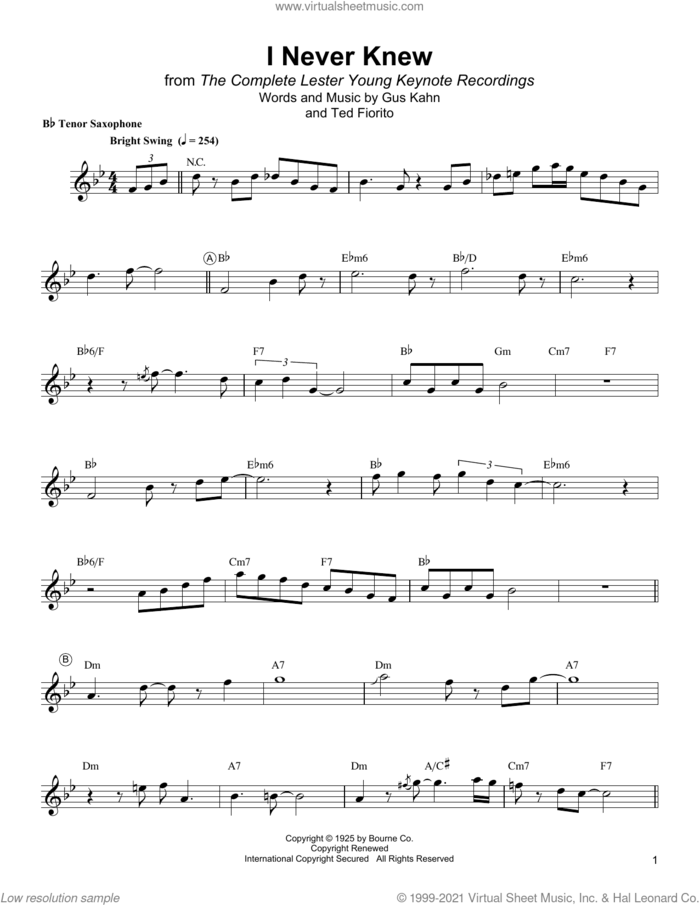I Never Knew sheet music for tenor saxophone solo (transcription) by Lester Young, Gus Kahn and Ted Fiorito, intermediate tenor saxophone (transcription)
