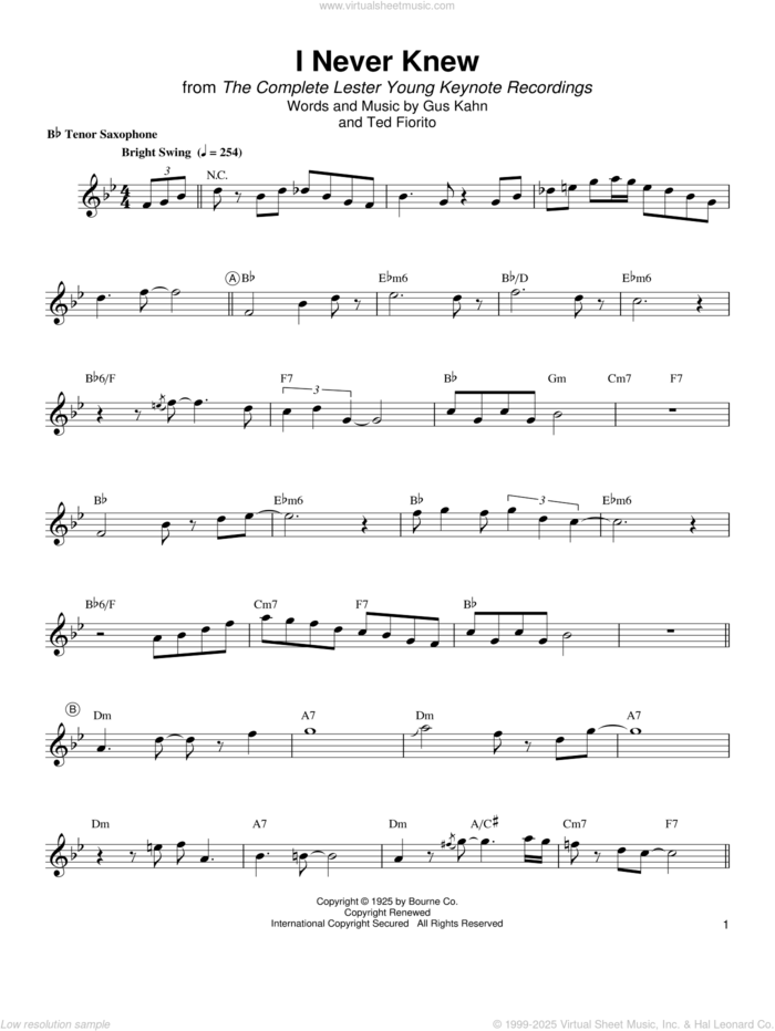 I Never Knew sheet music for tenor saxophone solo (transcription) by Lester Young, Gus Kahn and Ted Fiorito, intermediate tenor saxophone (transcription)