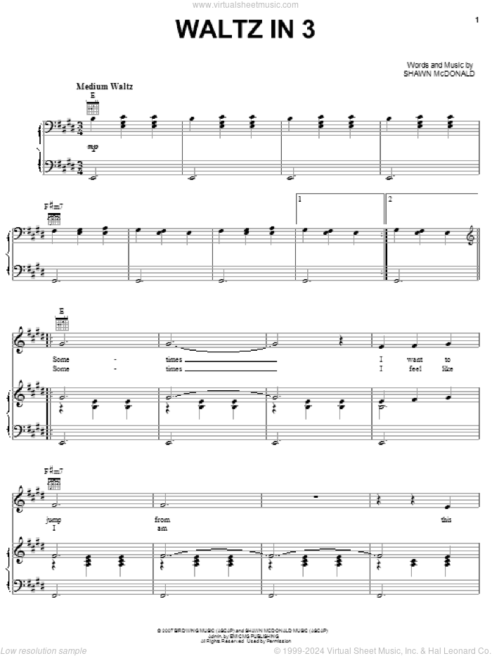 Waltz In 3 sheet music for voice, piano or guitar by Shawn McDonald, intermediate skill level