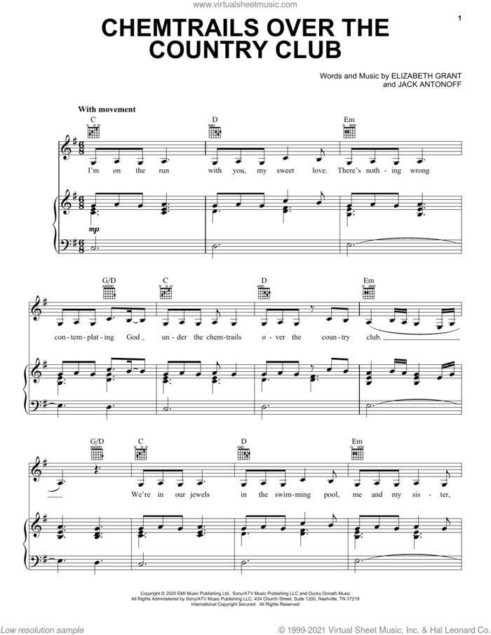Chemtrails Over The Country Club sheet music for voice, piano or guitar by Lana Del Rey, Elizabeth Grant and Jack Antonoff, intermediate skill level