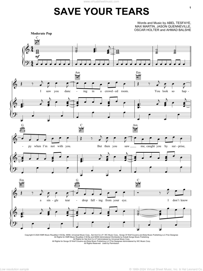 Save Your Tears sheet music for voice, piano or guitar by The Weeknd, Abel Tesfaye, Ahmad Balshe, Jason Quenneville, Max Martin and Oscar Holter, intermediate skill level