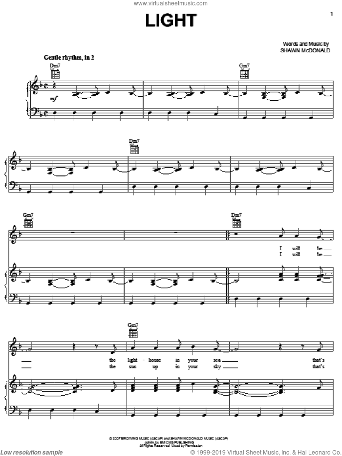 Light sheet music for voice, piano or guitar by Shawn McDonald, intermediate skill level