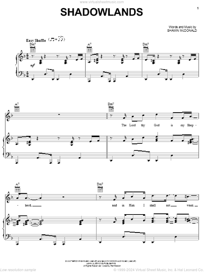 Shadowlands sheet music for voice, piano or guitar by Shawn McDonald, intermediate skill level
