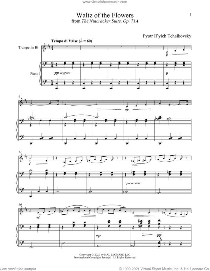 Waltz Of The Flowers, Op. 71a sheet music for trumpet and piano by Pyotr Ilyich Tchaikovsky, classical score, intermediate skill level
