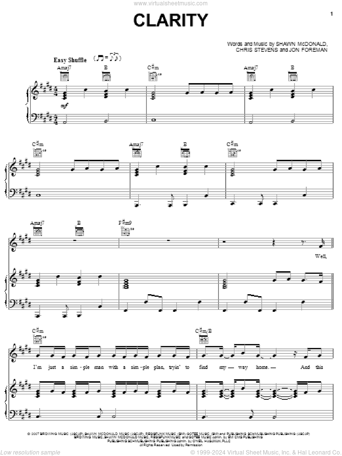Clarity sheet music for voice, piano or guitar by Shawn McDonald, Chris Stevens and Jon Foreman, intermediate skill level