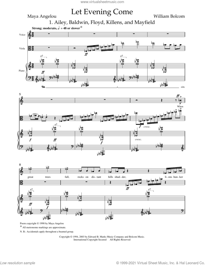 Let Evening Come (for soprano, viola and piano) sheet music for voice and piano by William Bolcom, Emily Dickinson, Jane Kenyon and Maya Angelou, classical score, intermediate skill level