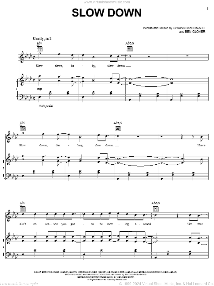 Slow Down sheet music for voice, piano or guitar by Shawn McDonald and Ben Glover, intermediate skill level