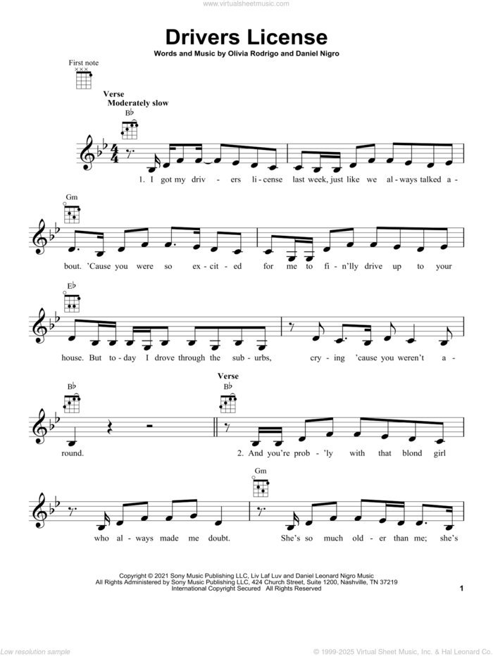 drivers license sheet music for ukulele (PDF-interactive)