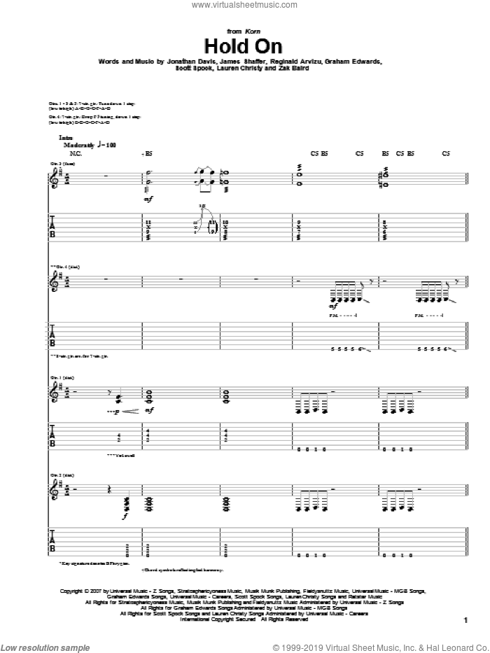 Hold On sheet music for guitar (tablature) by Korn, Graham Edwards, James Shaffer, Jonathan Davis, Lauren Christy, Reginald Arvizu, Scott Spock and Zak Baird, intermediate skill level