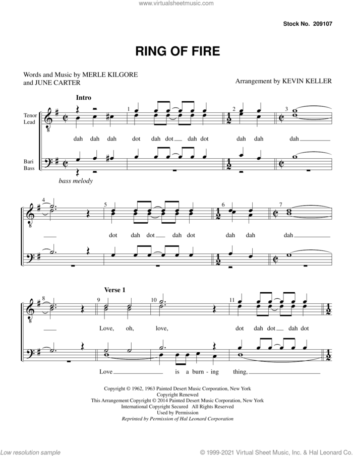 Ring of Fire (arr. Kevin Keller) sheet music for choir (TTBB: tenor, bass) by Johnny Cash, Kevin Keller, June Carter and Merle Kilgore, intermediate skill level