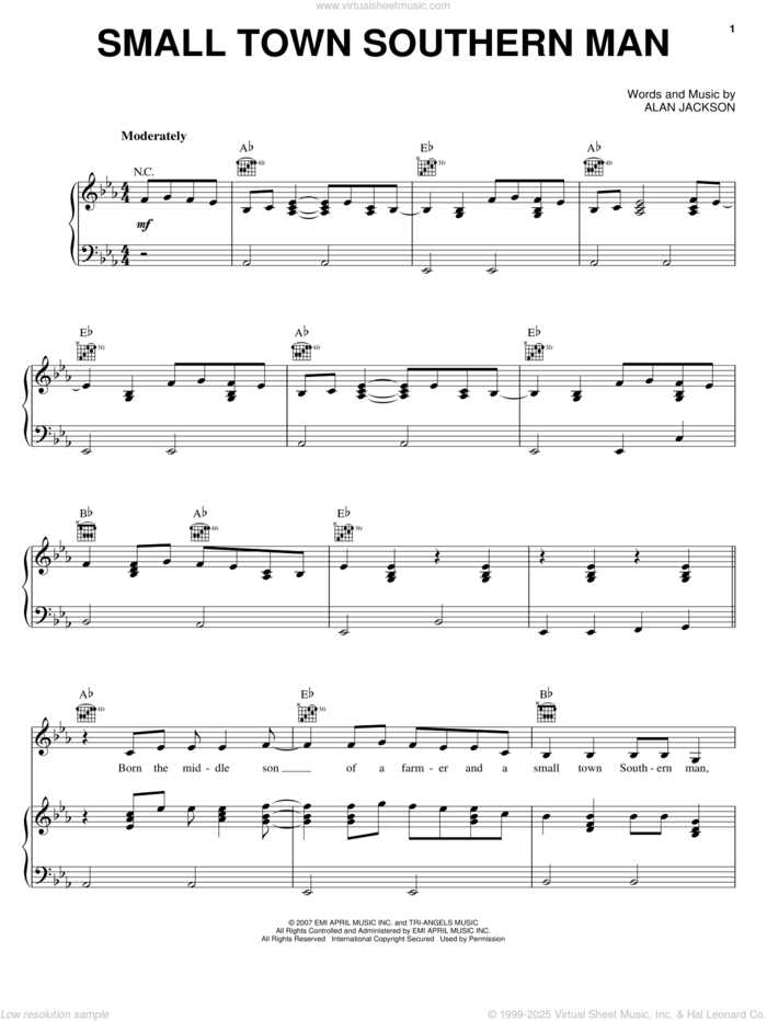 Small Town Southern Man sheet music for voice, piano or guitar by Alan Jackson, intermediate skill level