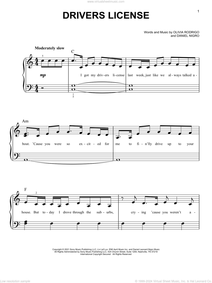 drivers license, (easy) sheet music for piano solo by Olivia Rodrigo and Daniel Nigro, easy skill level