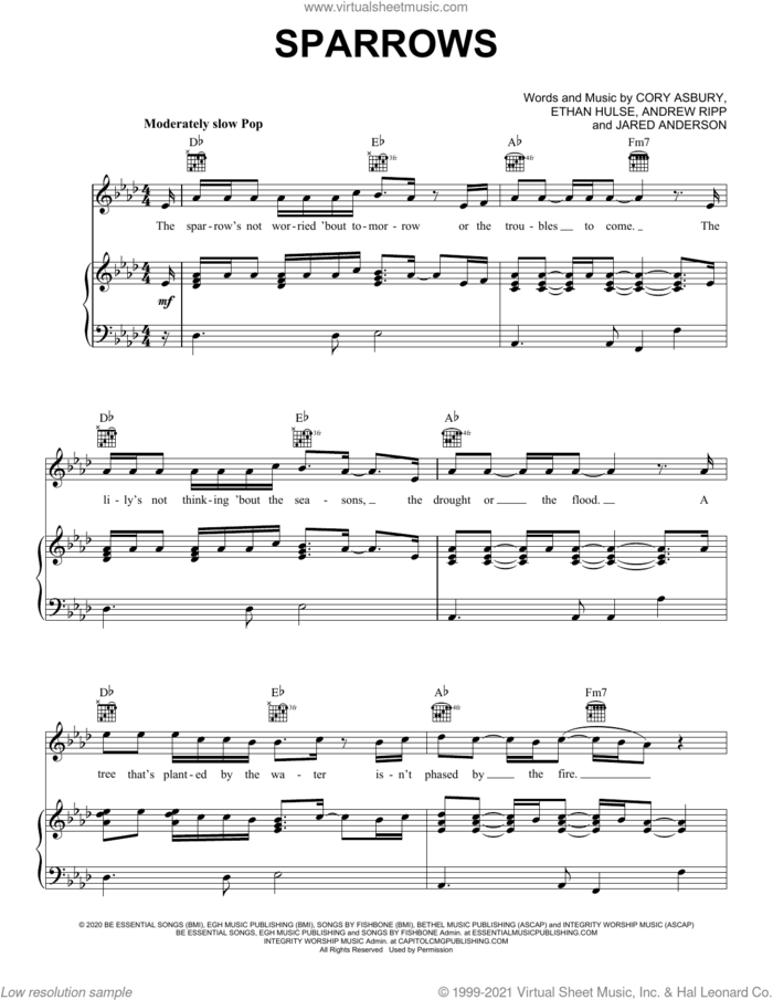 Sparrows sheet music for voice, piano or guitar by Cory Asbury, Andrew Ripp, Ethan Hulse and Jaren Anderson, intermediate skill level