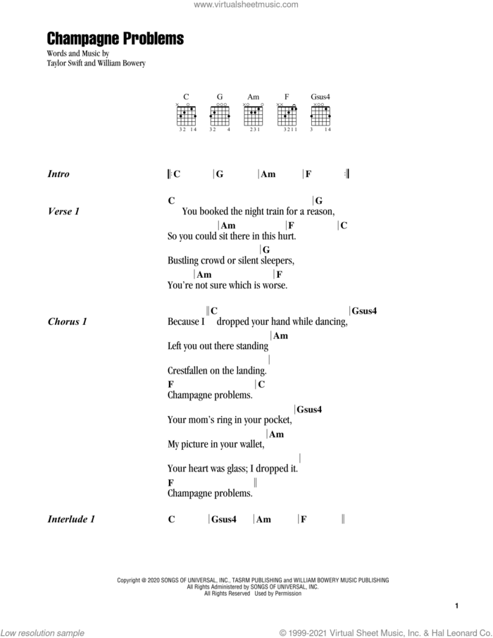 champagne problems sheet music for guitar (chords) by Taylor Swift and William Bowery, intermediate skill level